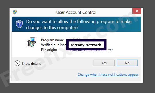 Screenshot where Derzany Network appears as the verified publisher in the UAC dialog